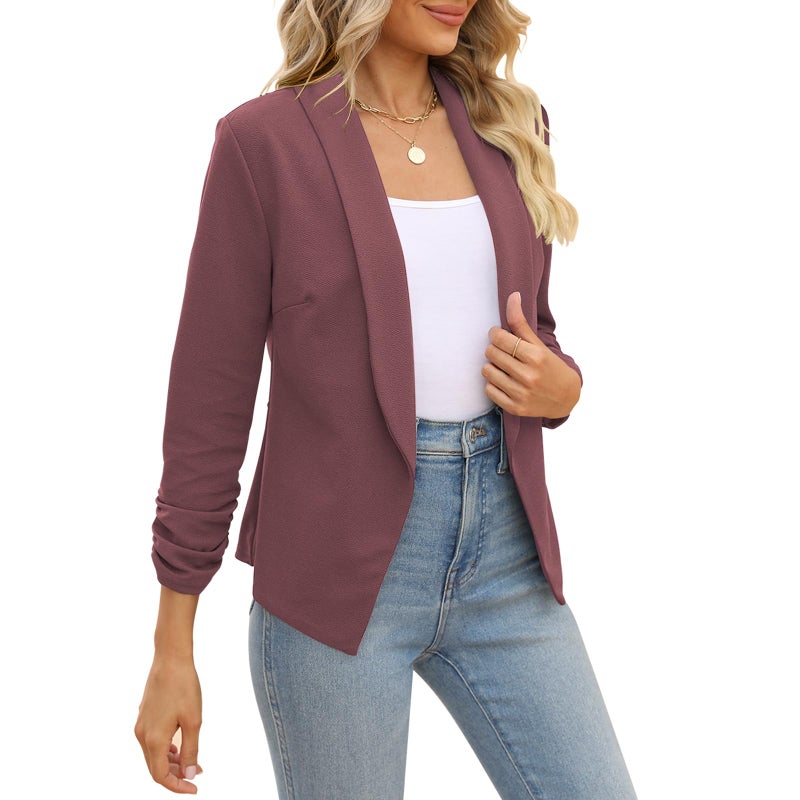 POGTMM Ladies Blazers and Jackets Office 3 4 Sleeve Ruched Fitted Work Suit Jackets (Red Bean Grey, M) - Image 4
